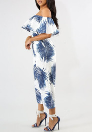White Leaves Print Ruffle Off Shoulder Backless One Piece Wide Leg Long Jumpsuit