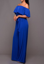Sapphire Blue Ruffle Sashes Off Shoulder Backless Homecoming Party Wide Leg Long Jumpsuit