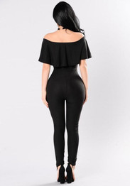 Black Lace-up Ruffle Hollow-out Off Shoulder Drawstring Waist High Waisted Long Jumpsuit