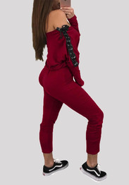 Burgundy Drawstring Off Shoulder Backless Lace-up High Waisted Long Jumpsuit