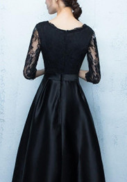 Black Patchwork Lace Bow Pleated Round Neck Midi Dress