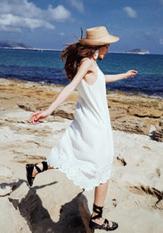 White Patchwork Lace Backless Spaghetti Strap Irregular Round Neck Beach Midi Dress