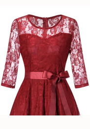 Burgundy Draped Lace Bow Sashes Banquet Hepburn Elegant Party Midi Dress