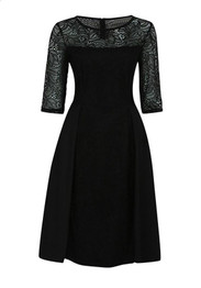 Black Lace Patchwork Draped Elbow Sleeve Round Neck Fashion Midi Dress
