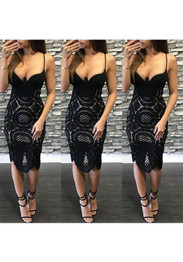 Black Patchwork Lace Deep V-neck Spaghetti Strap Club Midi Dress