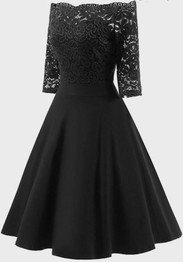Black Patchwork Irregular Lace Boat Neck 3/4 Sleeve Midi Dress