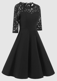 Black Patchwork Lace Draped Round Neck Elbow Sleeve Midi Dress
