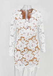 White Flowers Lace Cut Out Irregular Plunging Neckline Mini Dress