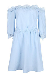 Light Blue Patchwork Lace Boat Neck 3/4 Sleeve Mini Dress