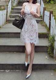 Casual White Patchwork Hollow-out Lace Condole Belt Tie Back Mini Dress