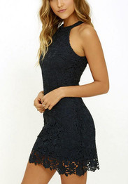 Casual Black Patchwork Hollow-out Lace Double-deck Zipper Round Neck Mini Dress