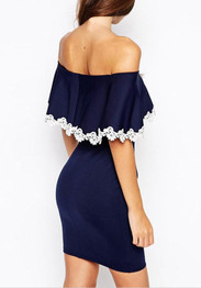 Casual Navy Blue Patchwork White Lace Ruffle Boat Neck Mini Dress