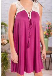 Casual Rose Carmine Patchwork Hollow-out Lace Tassel Drawstring V-neck Mini Dress