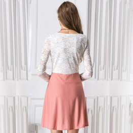 Casual White Patchwork Lace Pleated Round Neck Mini Dress