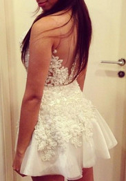 Casual White Patchwork Lace Condole Belt Backless V-neck Mini Dress