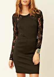 Casual Black Patchwork Hollow-out Lace Zipper Backless Mini Dress