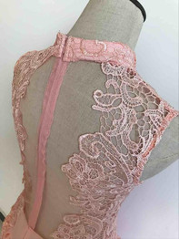 Casual Pink Patchwork Lace Irregular Pleated Round Neck Mini Dress