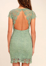 Casual Green Patchwork Hollow-out Lace Zipper Backless Round Neck Mini Dress