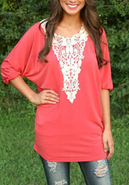 Casual Red Patchwork Lace Hollow-out Dolman Sleeve Fashion Mini Dress