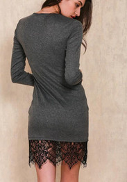 Grey Patchwork Lace Irregular Round Neck Fashion Mini Dress