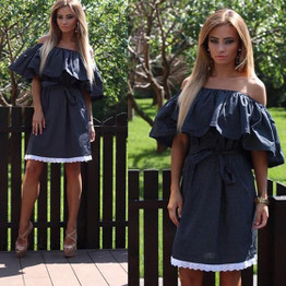 Casual Black Patchwork Belt Ruffle Lace Boat Neck Mini Dress
