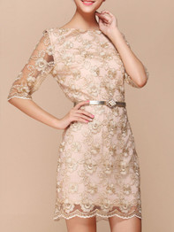 Casual Boat Neck Belt Hollow Out Lace Bodycon Dress