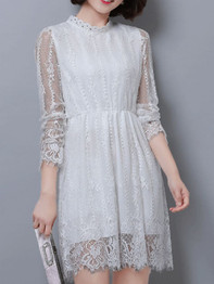 Casual Band Collar Hollow Out Plain Lace Skater Dress