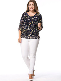 Casual Ruffle Trim Printed Chiffon Plus Size Blouse