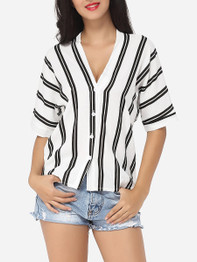 Casual Striped Batwing Elegant V Neck Blouse