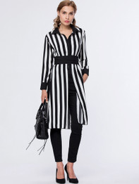 Casual Vertical Striped Turn Down Collar Side-Vented Blouse