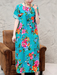 Casual Round Neck Floral Printed Loose Maxi Dress