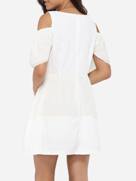 Casual Round Neck Dacron Hollow Out Plain Skater-Dress