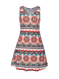 Casual Round Neck Skater Dress In Striped Tribal Printed
