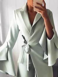 New Light Green Belt Irregular Bell Sleeve Elegant Party Wide Leg Palazzo Long Jumpsuit Pant