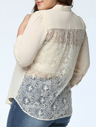 Casual Hollow Out Plain Band Collar Patchwork Plus Size Blouse