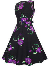 Casual Round Neck Belt Vintage Floral Printed Skater Dress