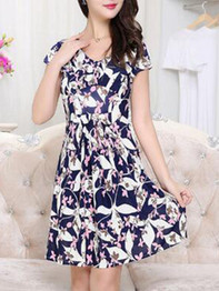 Casual Designed Classic V-Neck Printed Skater Dress