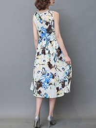 Casual Round Neck Drawstring Printed Sleeveless Skater Dress