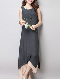 Casual Loose Asymmetric Hem Color Block Maxi Dress