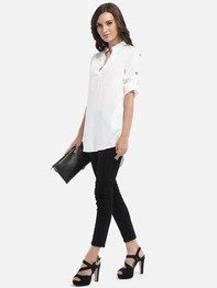 Casual V Neck Cotton Plain Blouse