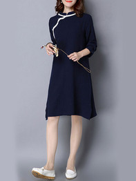 Casual Band Collar Contrast Trim Side Slit Excellent Shift Dress