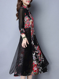 Casual Band Collar Swing Patchwork Printed Maxi Dress