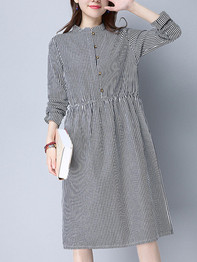 Casual Band Collar Pocket Vertical Striped Shift Dress