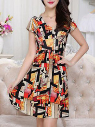 Casual V-Neck Geometric Printed Skater Dress