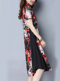 Casual Band Collar Patchwork Printed Designed Maxi Dress