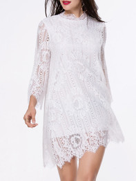 Casual Band Collar Hollow Out Plain Shift Dress