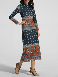 Casual Band Collar Floral Paisley Printed Maxi Dress
