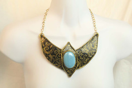Native Bohemian Ethnic Gold Turquoise Statement Necklace
