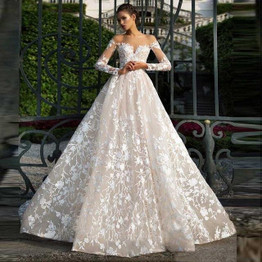 Illusion Neckline Long Sleeves Lace Tulle Backless High Quality Bridal  Wedding Dress