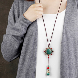 Vintage Necklace Green Stone Flower Long Handmade Ethnic Pendant